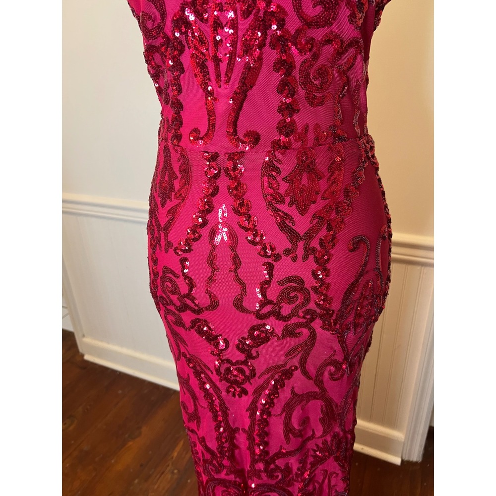 B. Darlin Red Sequin Halter Neck Formal Gown Damask Mermaid Maxi Dress Prom Gala - Picture 8 of 13
